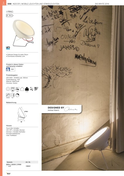 I-RING FLOOR, Standleuchte, LED, 3000K, rund, weiß, Textilkabel rot, 14W