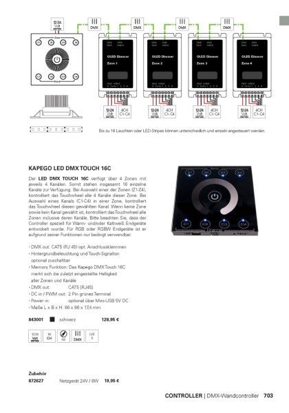 Deko-Light Controller, Touch 16CH Pro, Aluminium, Schwarz, 12-24V, 86x86mm