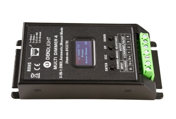 Deko-Light Niedervolt DMX Dimmer (CV, DC), MULTI-LED-Dimmer 1-4 Kanal, DMX/Auto/Manuell, 12-48V, 20A