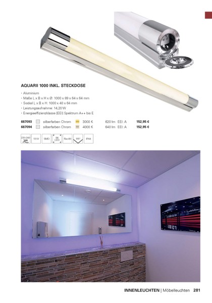 Deko-Light Möbelaufbauleuchte, Aquarii 800  inkl. Steckdose, Aluminium, silberfarben Chrom, Warmweiß