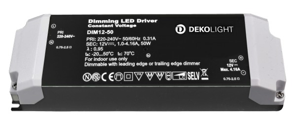 Deko-Light Netzgerät, BASIC, DIM, CV 12V 12-50W, Kunststoff, Schwarz, 50W, 12V, 1000mA, 184x61mm