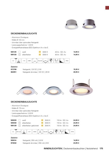 Deko-Light Deckeneinbauleuchte, Punto Lumi, Aluminium, silberfarben Chrom, Warmweiß, 50°, 1W, 3-3V