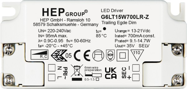 Netzgerät (CC, DC) dimmbar, HEP, DIM, CC, G6LT15W350LR-Z, Kunststoff, Weiß, 26-43V, 350mA, 85x40mm