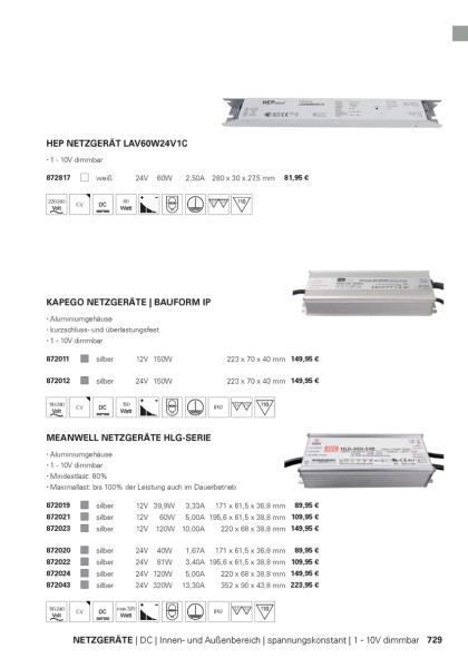 Meanwell Netzgerät, HLG-320H-24B, Aluminium, Silber, 320W, 24V, 13340mA, 252x90mm