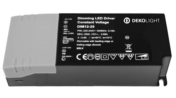 Deko-Light Netzgerät, BASIC, DIM, CV, 12V 2,5-25W, Kunststoff, Schwarz, 25W, 12V, 200mA, 122x52mm