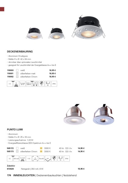 Deko-Light Deckeneinbauleuchte, Punto Lumi, Aluminium, silberfarben Chrom, Warmweiß, 50°, 1W, 3-3V