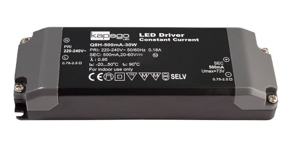 Deko-Light Netzgerät, BASIC, Q8H-500mA/30W, Kunststoff, Schwarz, 30W, 20-60V, 500mA, 142x50mm