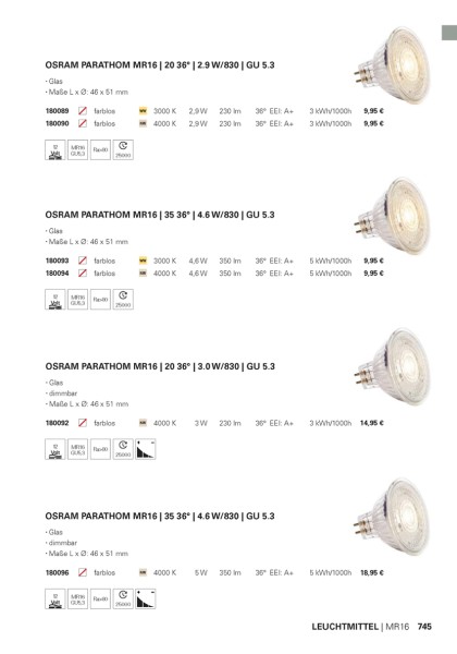Osram Leuchtmittel, PARATHOM MR16 35 36° 4.6 W/830 GU5.3, Warmweiß, 36°, 4W, 12V, 46mm