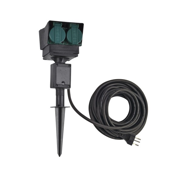 GARTENSTECKDOSE, 4-Fach, schwarz, Schweiz Version, 10m Anschlusskabel, IP44